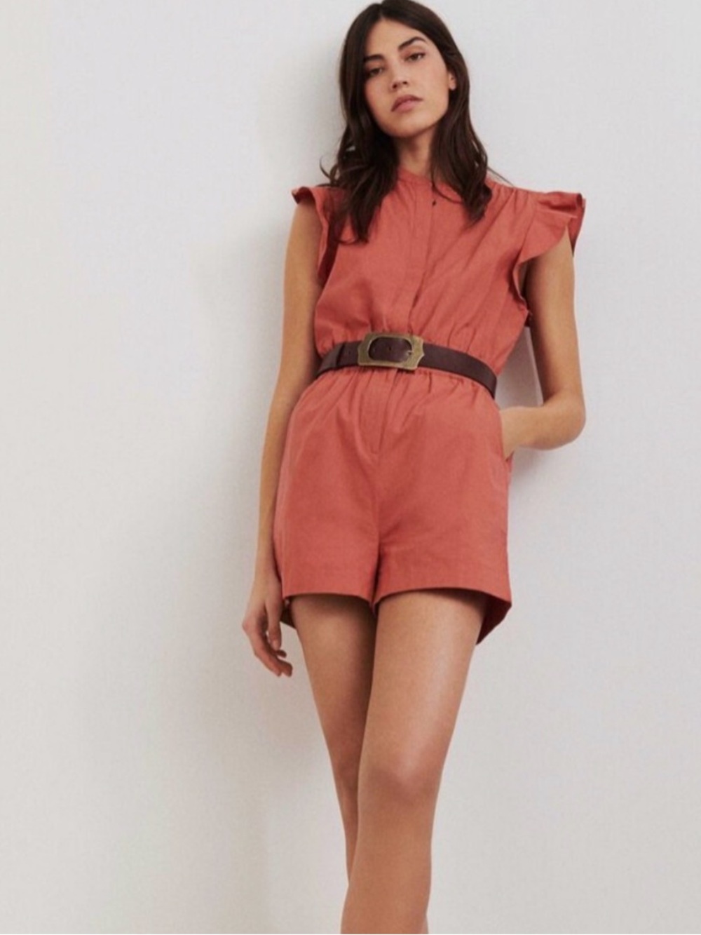 Ba&sh Cecile Cotton Ruffle Sleeve Romper In Peach Orange Pink Medium